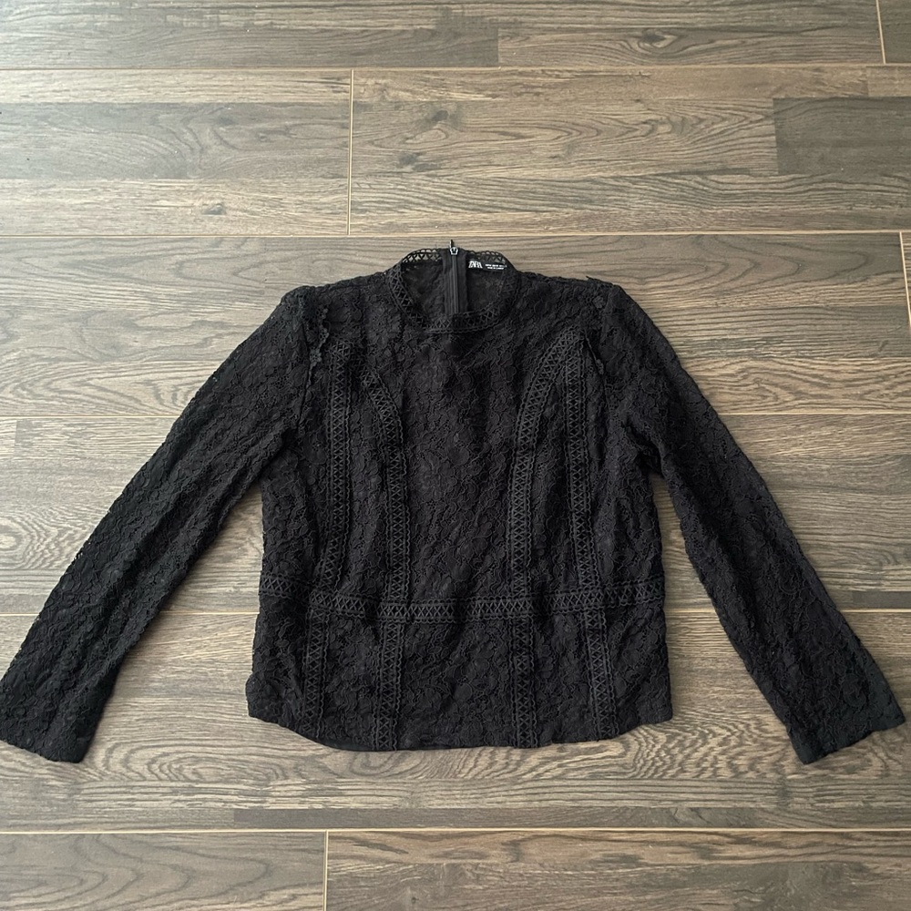 Zara Black Long Sleeve Lace High Collar Blouse